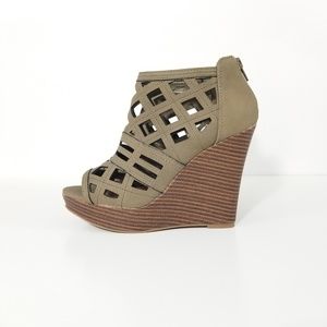 Dollhouse Taupe Laser Cut Suede Wedges Wood Heel